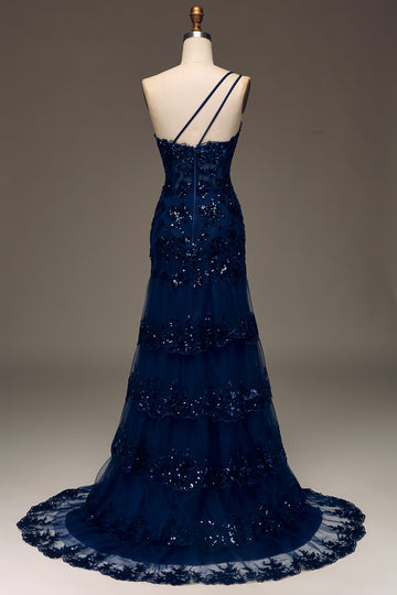 Sparkly Dark Navy Tiered Lace One Shoulder Long Ball Dress with Slit
